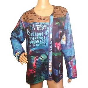Misslook Women's Blue Print Long Sleeve Full Zip Blouse Jacket Top Size XL   T53